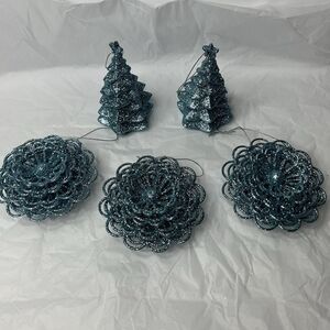Lot Of 5 Blue Glitter Christmas Tree Ornaments Holiday Decorations